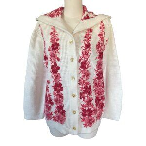 Vintage Carol Brent White Floral Collared Long Sleeve Button Up Sweater Women L